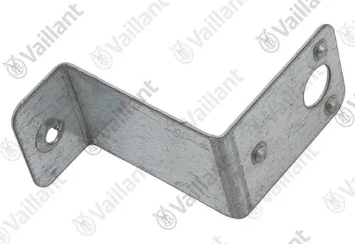 Metallischer Halter von Vaillant, L-Form mit zwei gebohrten Löchern zur Befestigung. Geeignet für verschiedene Anwendungen im Heizungsbereich.